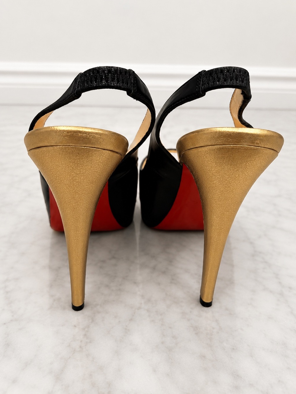 Christian Louboutin Black Leather Slingback Platform Heels Gold Heel Red Bottoms - Picture 3 of 7